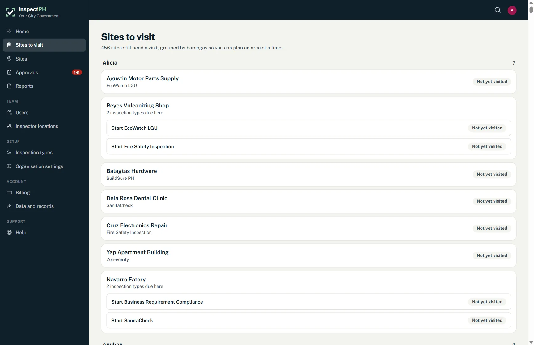 The InspectPH work queue, listing sites that still need a visit, grouped by barangay.